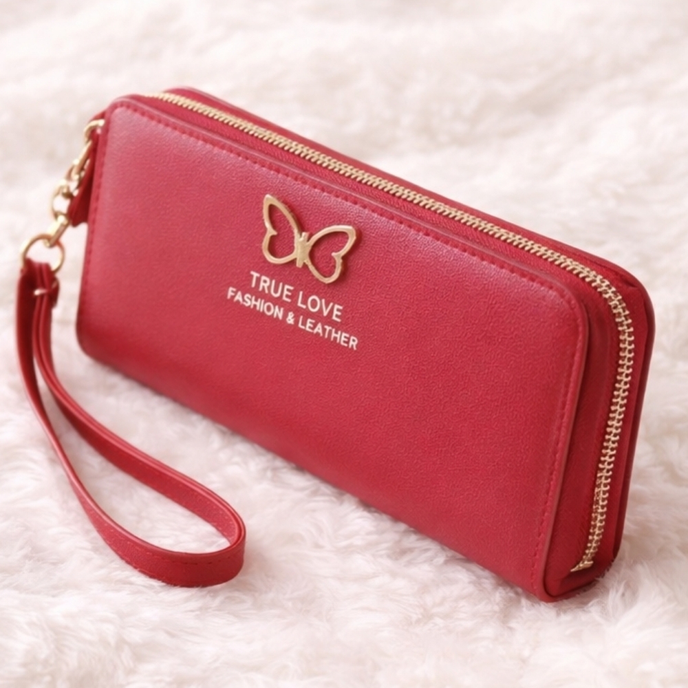 Red Faux Leather Zip Around Wristlet Wallet Clutch w/ Card Slots